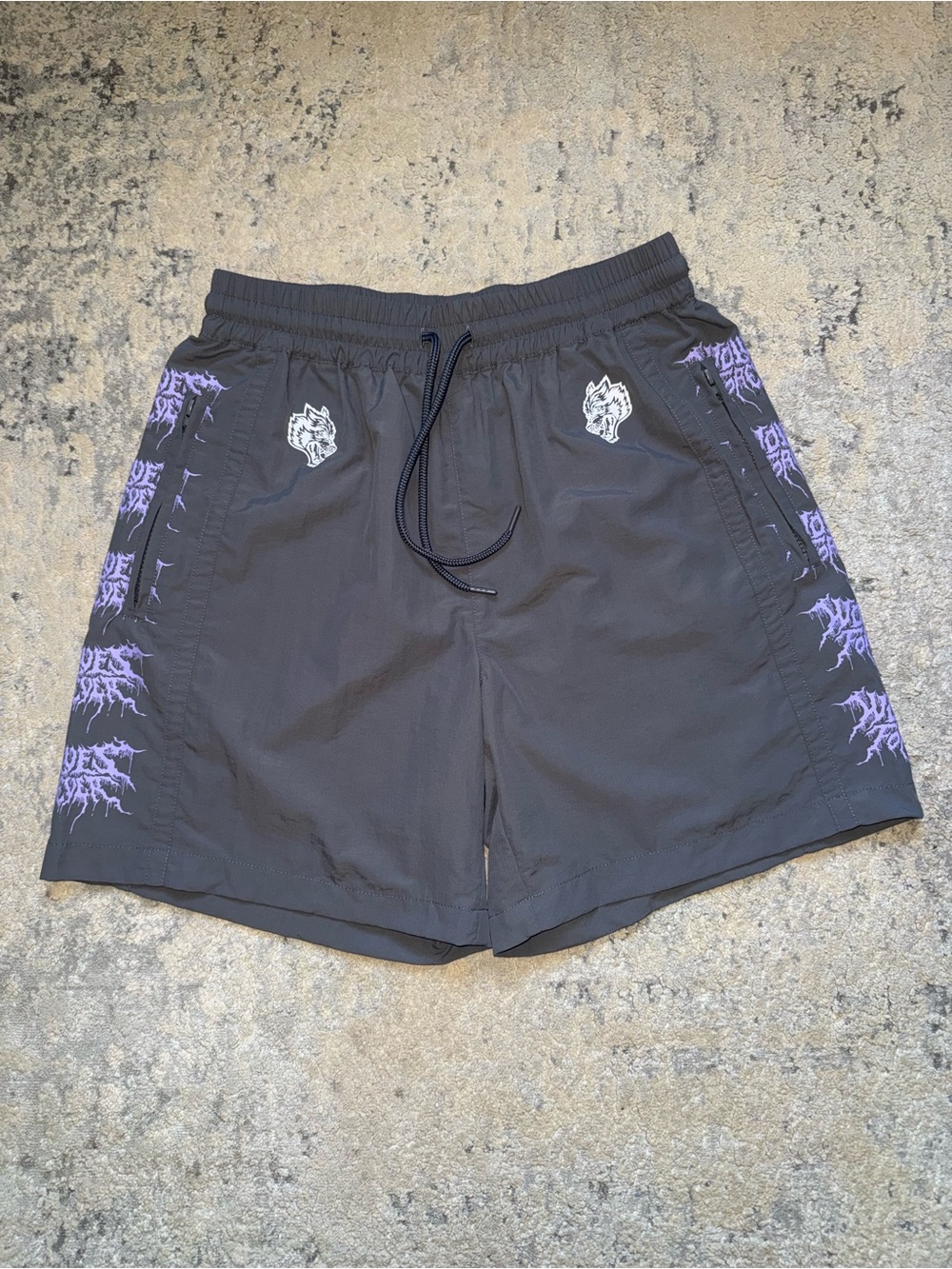 Darc Sport Wolves Forever Shorts  Sz S Limited NWT Gray Purple Nylon Drawstring